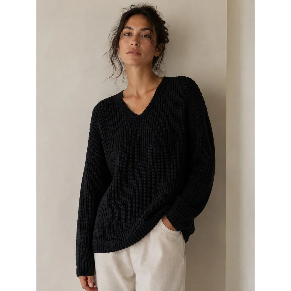 Jenni Kayne Cabin V Neck Knit Cotton Oversized Pullover Sweater Size XXS Black